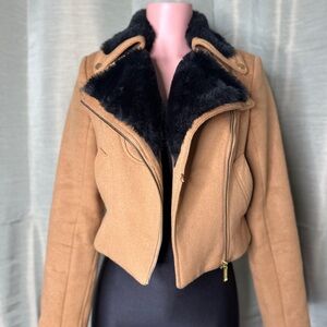 Camel Brown Women's Jacket with Black Fur Collar